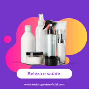 Frascos de cosméticos em um fundo colorido indicando a categoria de BELEZA E SAUDE